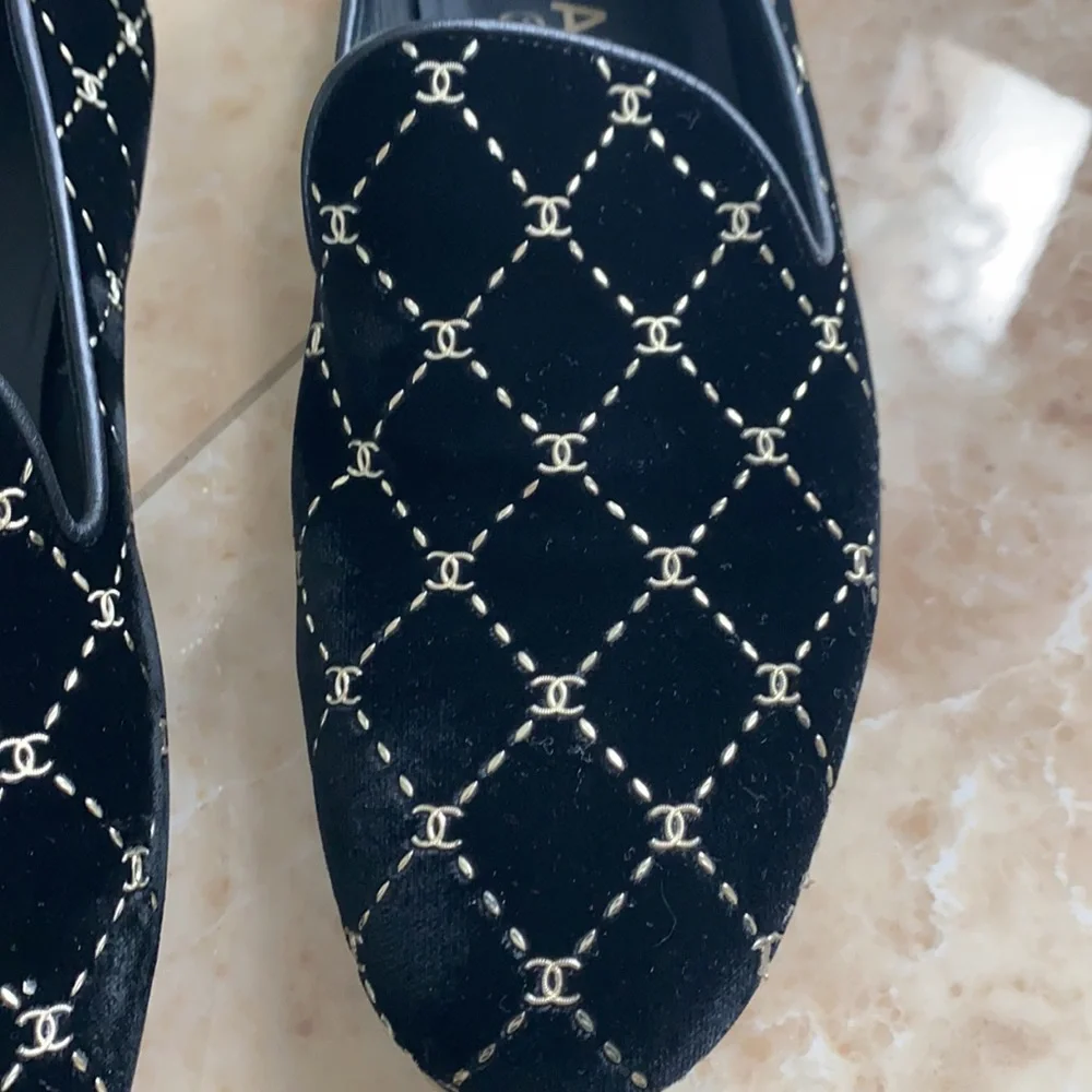 CHANEL Black Velvet Loafers with Silver Detailing - Picture 3 of 8